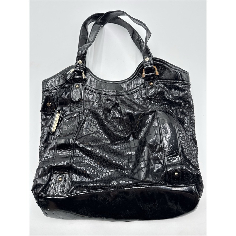 LIZ CLAIRBORNE VTG Large Croc Embossed Black Satchel Handbag Shoulder Bag Purse